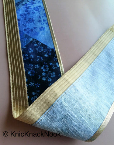 Blue And Gold Fabric Trim With Floral Design, Digital Print Trim Border - 200317L407